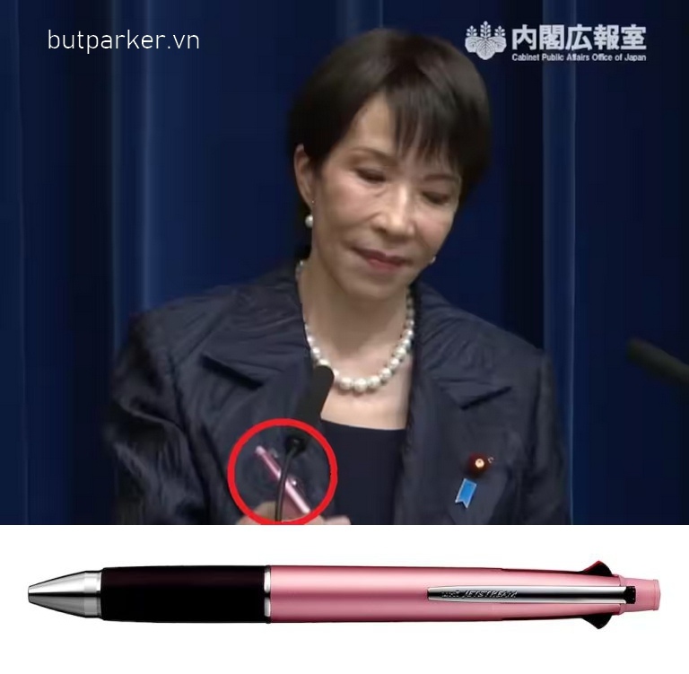 Bút bi màu hồng của thủ tướng Nhật Bản Sanae Takaichi và Bút bi Mitsubishi Pencil Jetstream